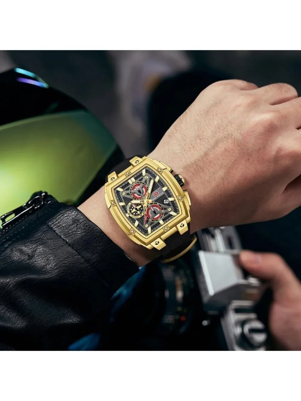 Men's Golden Analog Wrist Skeleton Tonneau Chronograph Ideal Enthusiasts Watch